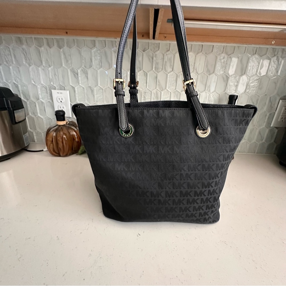 Michael Kors Black Logo Canvas Tote Bag Pebbled Leather Trim Gold - Picture 2 of 9